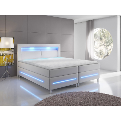Boxspringová manželská posteľ s LED osvetlením 160x200 GALWAY - biela ekokoža + topper ZDARMA