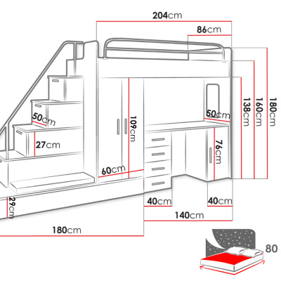 Detská multifunkčná poschodová posteľ s matracom 80x200 GORT - biela