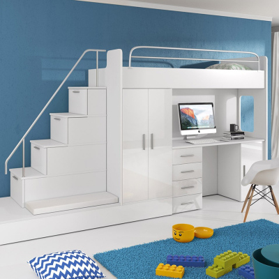 Detská multifunkčná poschodová posteľ s matracom a roštom 80x200 GORT - biela