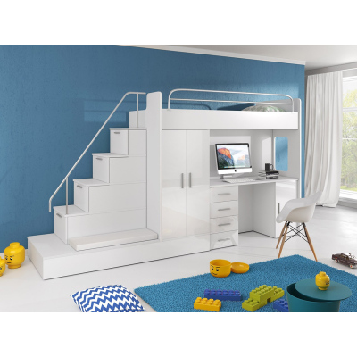 Detská multifunkčná poschodová posteľ s matracom a roštom 80x200 GORT - biela