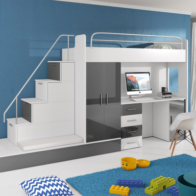 Detská multifunkčná poschodová posteľ s matracom 80x200 GORT - biela / šedá
