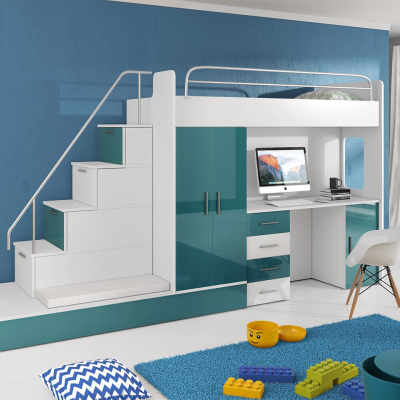 Detská multifunkčná poschodová posteľ s matracom a roštom 80x200 GORT - biela / tyrkysová