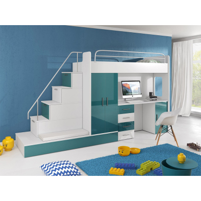 Detská multifunkčná poschodová posteľ s matracom a roštom 80x200 GORT - biela / tyrkysová