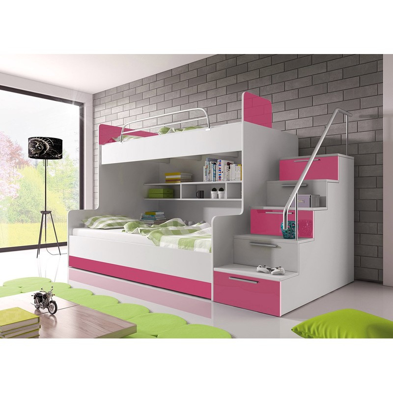 Detská poschodová posteľ s roštom 90x200 GORT - biela / ružová, pravé prevedenie