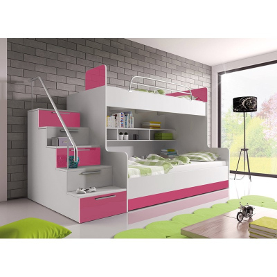 Detská poschodová posteľ s matracom 90x200 GORT - biela / ružová, ľavé prevedenie