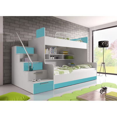 Detská poschodová posteľ s matracom a roštom 90x200 GORT - biela / tyrkysová, ľavé prevedenie