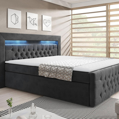 Boxspringová posteľ s LED osvetlením a úložným priestorom 140x200 DELBIN - šedá + topper ZDARMA