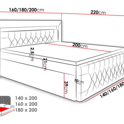 Boxspringová posteľ s LED osvetlením a úložným priestorom 140x200 DELBIN - šedá + topper ZDARMA