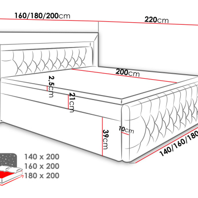 Boxspringová posteľ s LED osvetlením a úložným priestorom 180x200 DELBIN - šedá + topper ZDARMA