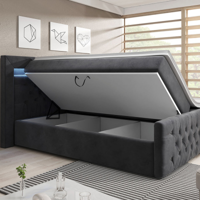 Boxspringová posteľ s LED osvetlením a úložným priestorom 180x200 DELBIN - šedá + topper ZDARMA