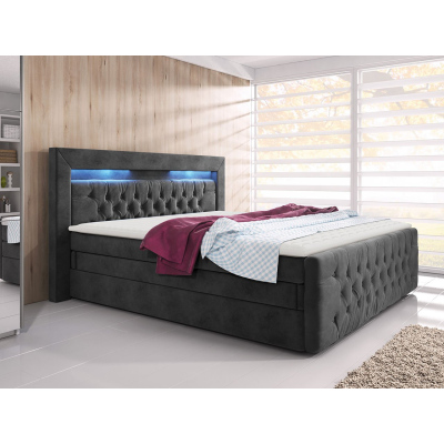 Boxpringová posteľ s LED osvetlením a úložným priestorom 140x200 DELBIN 1 - šedá + topper ZDARMA