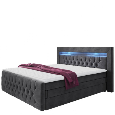 Boxpringová posteľ s LED osvetlením a úložným priestorom 140x200 DELBIN 1 - šedá + topper ZDARMA
