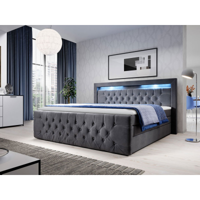 Boxpringová posteľ s LED osvetlením a úložným priestorom 160x200 DELBIN 1 - šedá + topper ZDARMA