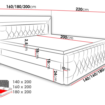 Boxpringová posteľ s LED osvetlením a úložným priestorom 140x200 DELBIN 1 - šedá + topper ZDARMA