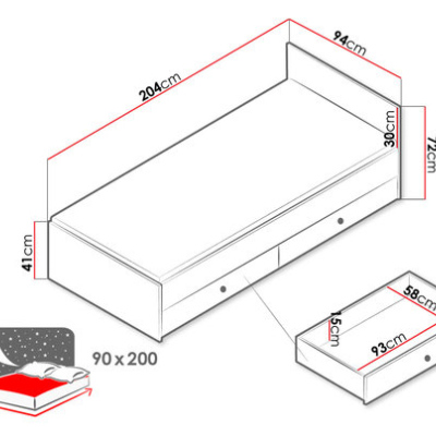 Posteľ do študentskej izby 90x200 CHIMA - dub artisan / biela