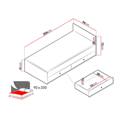 Posteľ do študentskej izby 90x200 CHIMA - dub artisan / biela