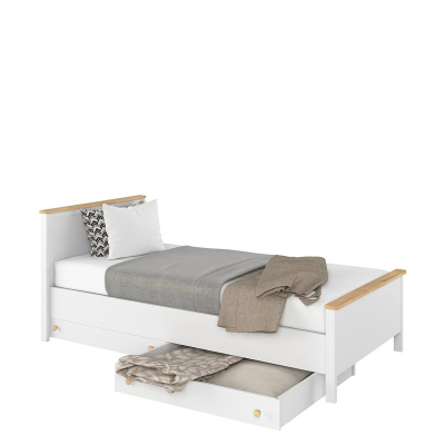 Jednolôžková posteľ s matracom, roštom a zásuvkou 90x200 MABARUMA - biela / dub nash
