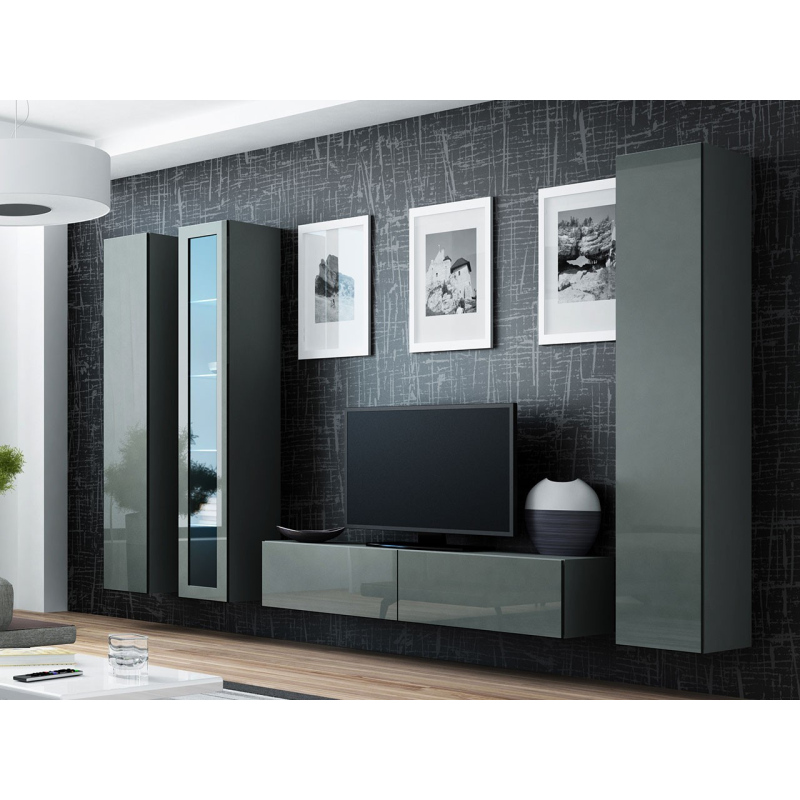 Obývacia stena s LED modrým osvetlením ASHTON 15 - šedá / lesklá šedá