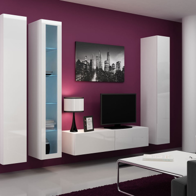 Obývacia stena s LED RGB osvetlením ASHTON 15 - biela / lesklá biela