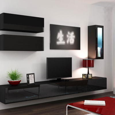 Obývacia stena s LED bielym osvetlením ASHTON 12 - čierna / lesklá čierna