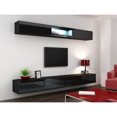 Obývacia stena s LED modrým osvetlením ASHTON 12 - čierna / lesklá čierna