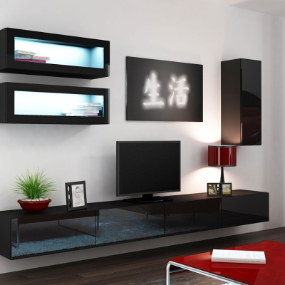 Obývacia stena s LED modrým osvetlením ASHTON 11 - čierna / lesklá čierna