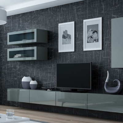 Obývacia stena s LED modrým osvetlením ASHTON 11 - šedá / lesklá šedá