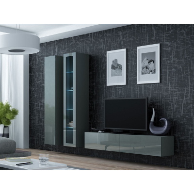 Obývacia stena s LED modrým osvetlením ASHTON 10 - šedá / lesklá šedá