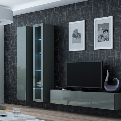 Obývacia stena s LED RGB osvetlením ASHTON 10 - šedá / lesklá šedá