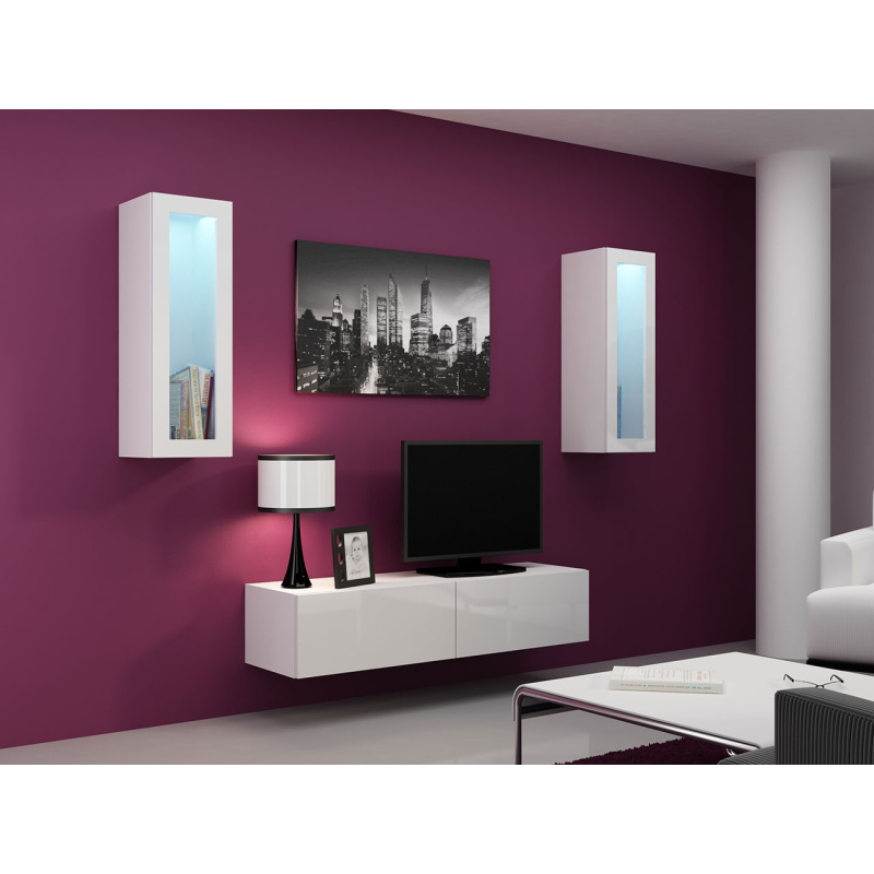Obývacia stena s LED modrým osvetlením ASHTON 8 - biela / lesklá biela
