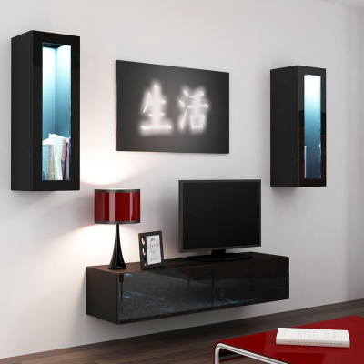 Obývacia stena s LED modrým osvetlením ASHTON 8 - čierna / lesklá čierna