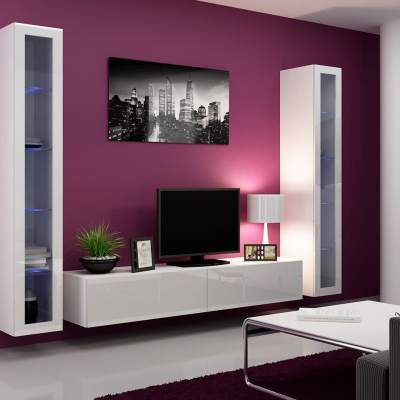 Obývacia stena s LED modrým osvetlením ASHTON 5 - biela / lesklá biela