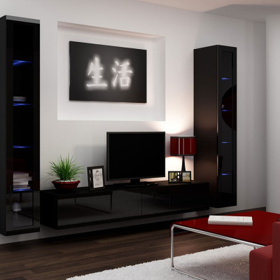 Obývacia stena s LED modrým osvetlením ASHTON 5 - čierna / lesklá čierna