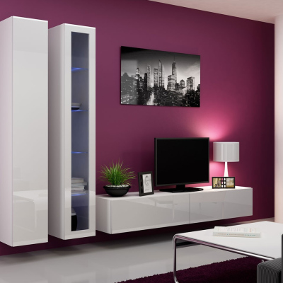 Obývacia stena s LED RGB osvetlením ASHTON 3 - biela / lesklá biela