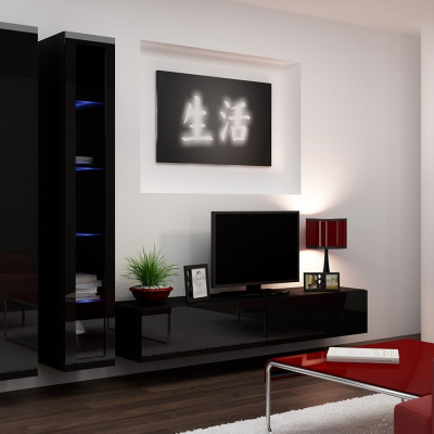 Obývacia stena s LED modrým osvetlením ASHTON 3 - čierna / lesklá čierna