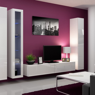 Obývacia stena s LED RGB osvetlením ASHTON 2 - biela / lesklá biela