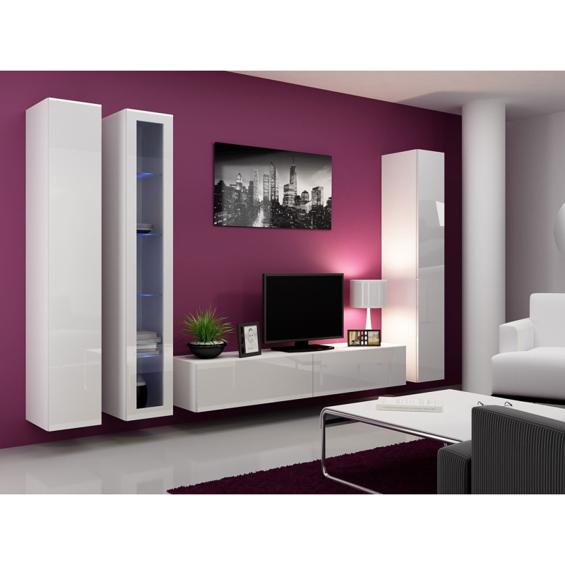Obývacia stena s LED RGB osvetlením ASHTON 2 - biela / lesklá biela