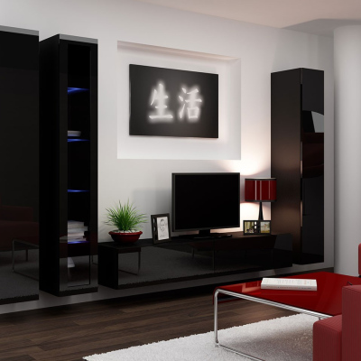 Obývacia stena s LED modrým osvetlením ASHTON 2 - čierna / lesklá čierna