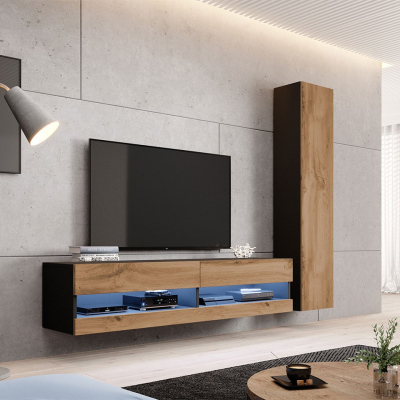Stena do obývacej izby s LED bielym osvetlením ASHTON N9 - čierna / dub wotan
