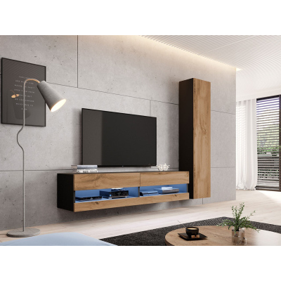 Stena do obývacej izby s LED modrým osvetlením ASHTON N9 - čierna / dub wotan
