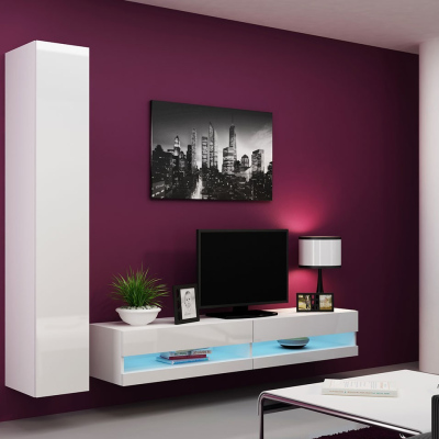 Stena do obývacej izby s LED bielym osvetlením ASHTON N9 - biela / lesklá biela