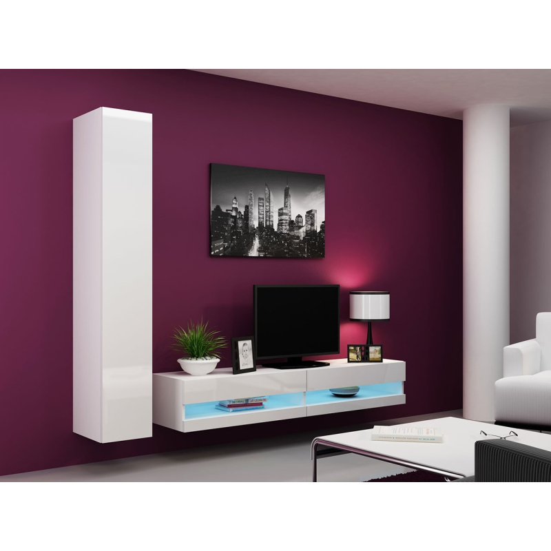 Stena do obývacej izby s LED modrým osvetlením ASHTON N9 - biela / lesklá biela