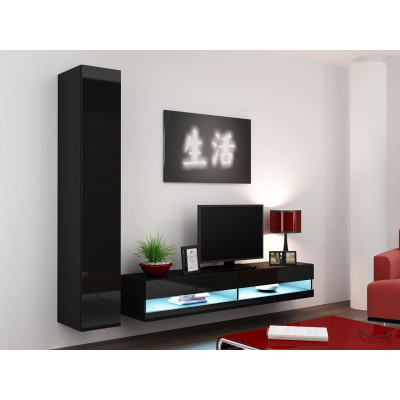 Stena do obývacej izby s LED modrým osvetlením ASHTON N9 - čierna / lesklá čierna
