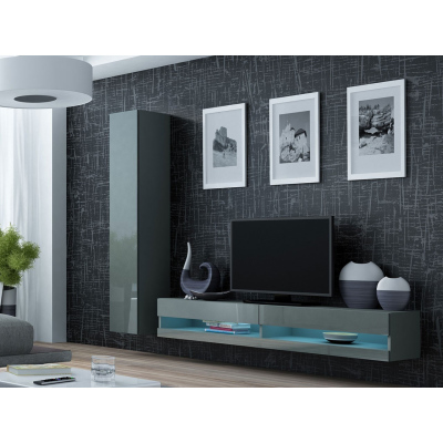 Stena do obývacej izby s LED modrým osvetlením ASHTON N9 - šedá / lesklá šedá