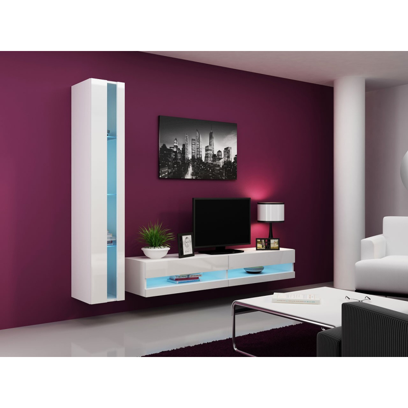 Stena do obývacej izby s LED modrým osvetlením ASHTON N8 - biela / lesklá biela