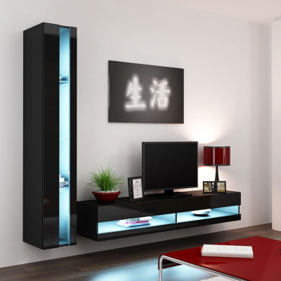 Stena do obývacej izby s LED modrým osvetlením ASHTON N8 - čierna / lesklá čierna