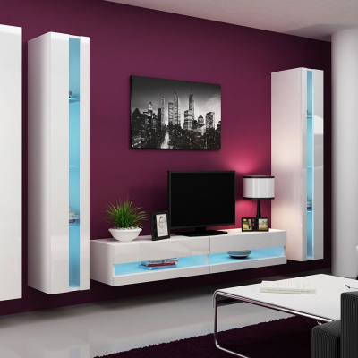 Stena do obývacej izby s LED modrým osvetlením ASHTON N6 - biela / lesklá biela