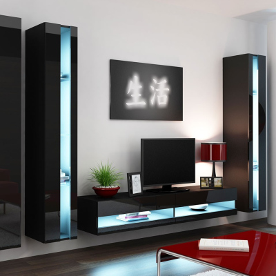 Stena do obývacej izby s LED modrým osvetlením ASHTON N6 - čierna / lesklá čierna