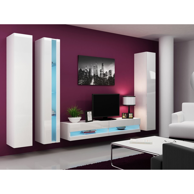 Stena do obývacej izby s LED modrým osvetlením ASHTON N7 - biela / lesklá biela