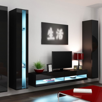 Stena do obývacej izby s LED modrým osvetlením ASHTON N7 - čierna / lesklá čierna
